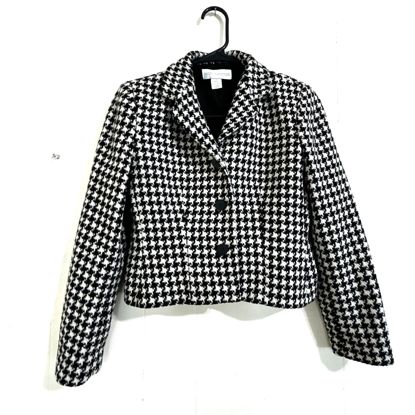Petite Sophisticate Houndstooth Wool Blazer Jacket Size 2 Black White Buttons
